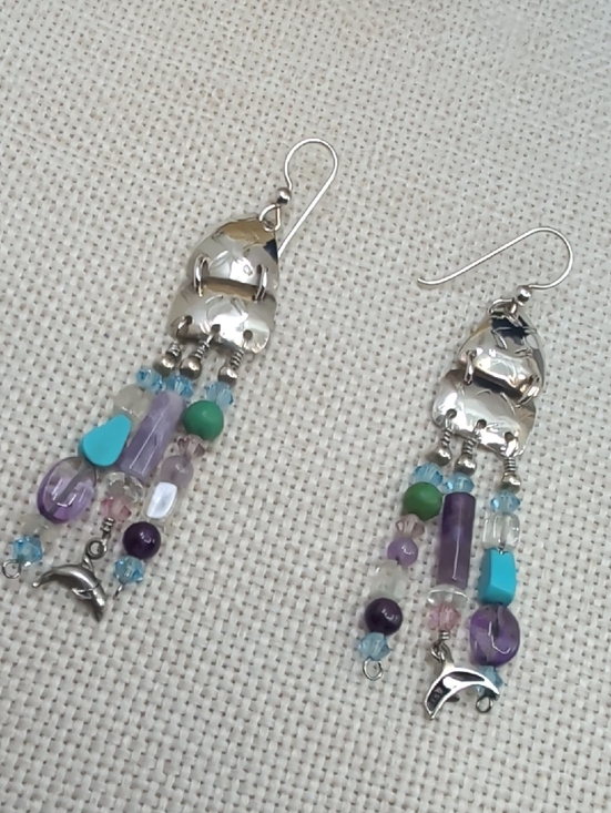 Handmade Jewelry - Signed Sterling Silver Dolphin Artisan Chandelier Earrings FL Keys 1990s